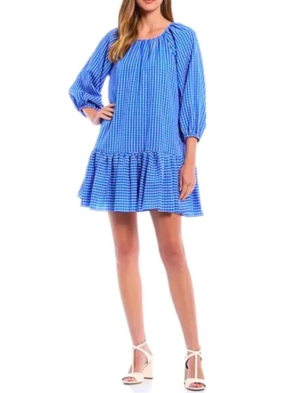 LDT Rachel Ruffle Seersucker Blue White Mini Dress NWT - Picture 1 of 15